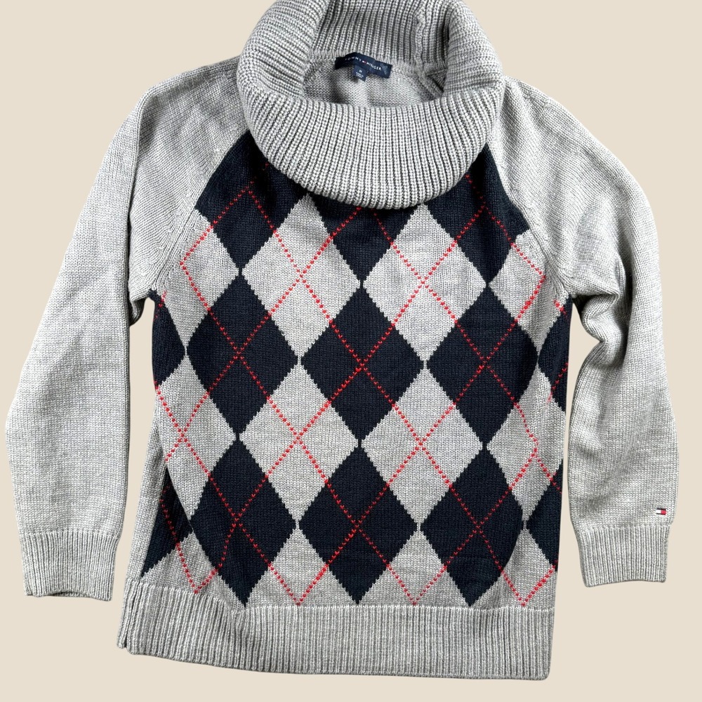 Tommy Hilfiger Sweater Women M Gray Argyle Cowl Neck Knit Preppy Dark Academia